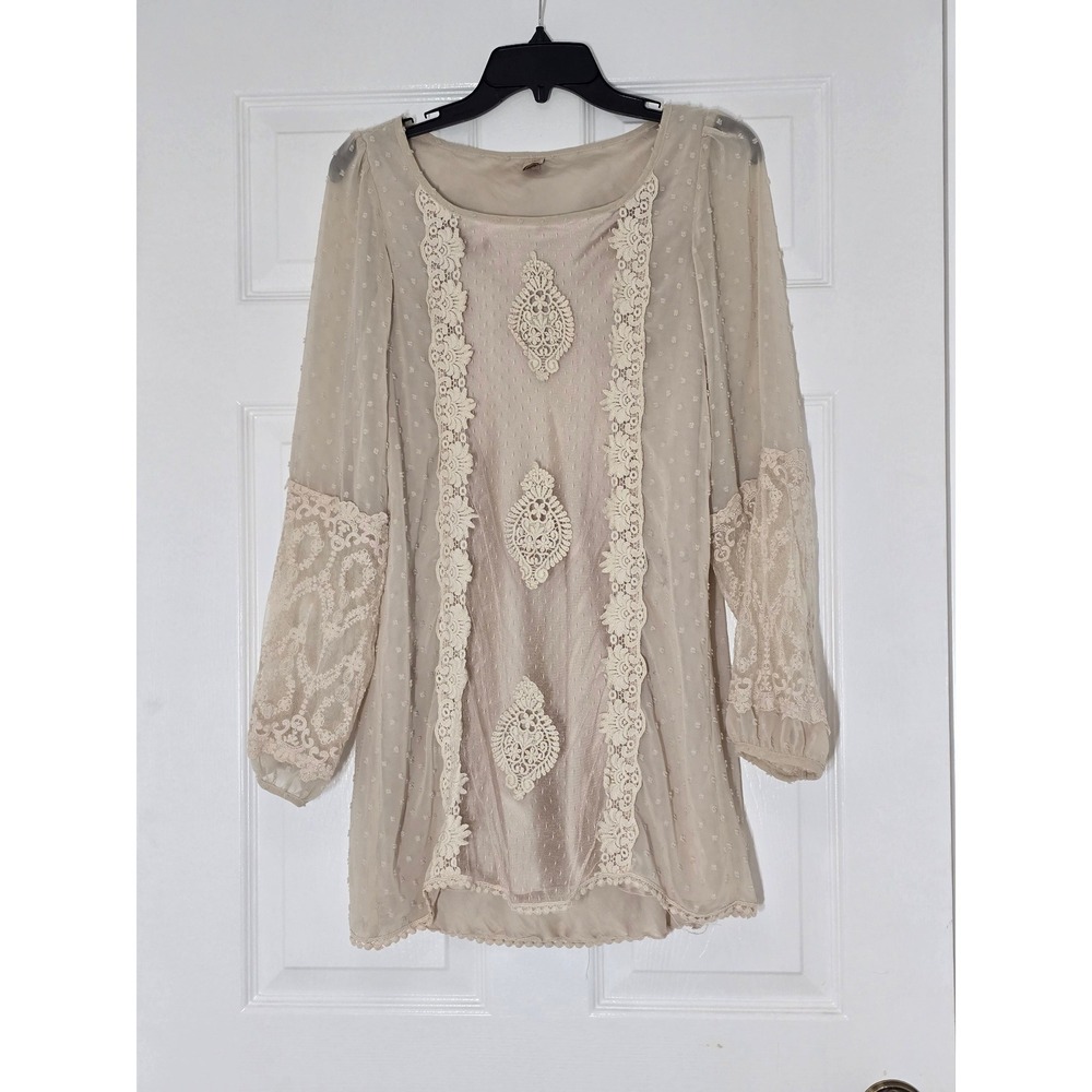 Farm Rio Womens Beige Swiss Dot Lace Crochet Tunic Top Long Sleeve Boho L